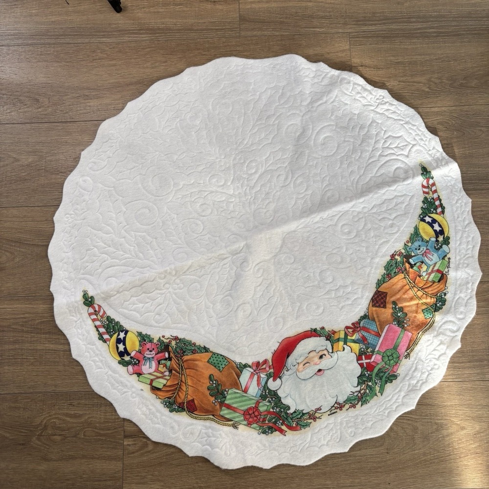 Vintage Felt Christmas Santa & Toys Tree Skirt Jim Timmons 37" Diameter - EUC